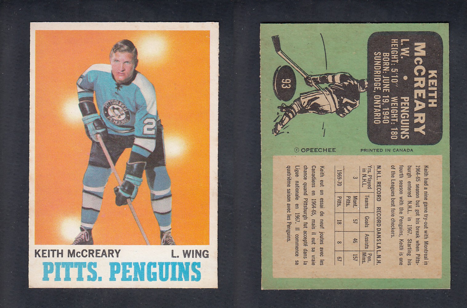 1970-71 O-PEE-CHEE HOCKEY CARD  #93 K. MCCREARY photo