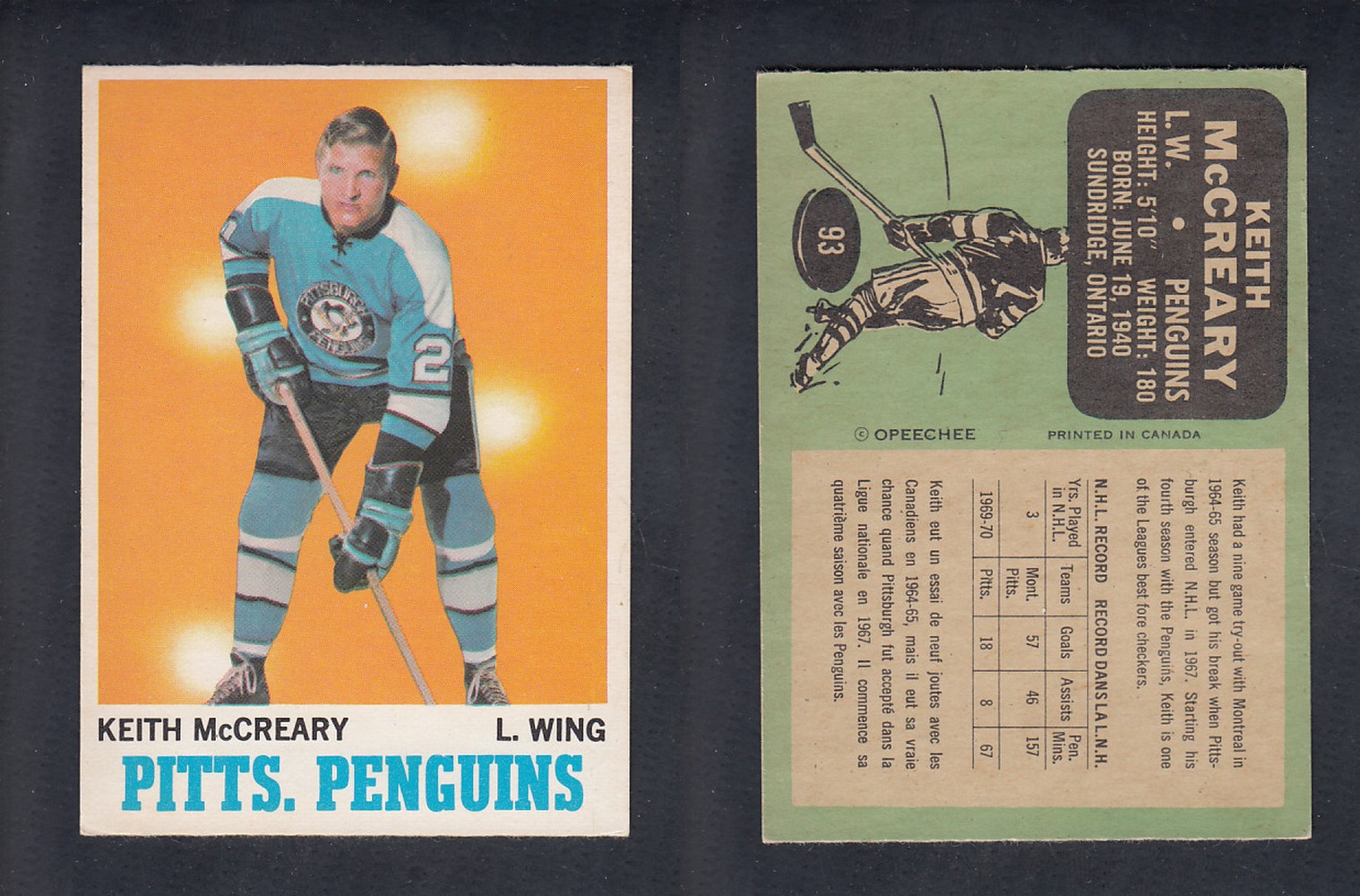 1970-71 O-PEE-CHEE HOCKEY CARD  #93 K. MCCREARY photo