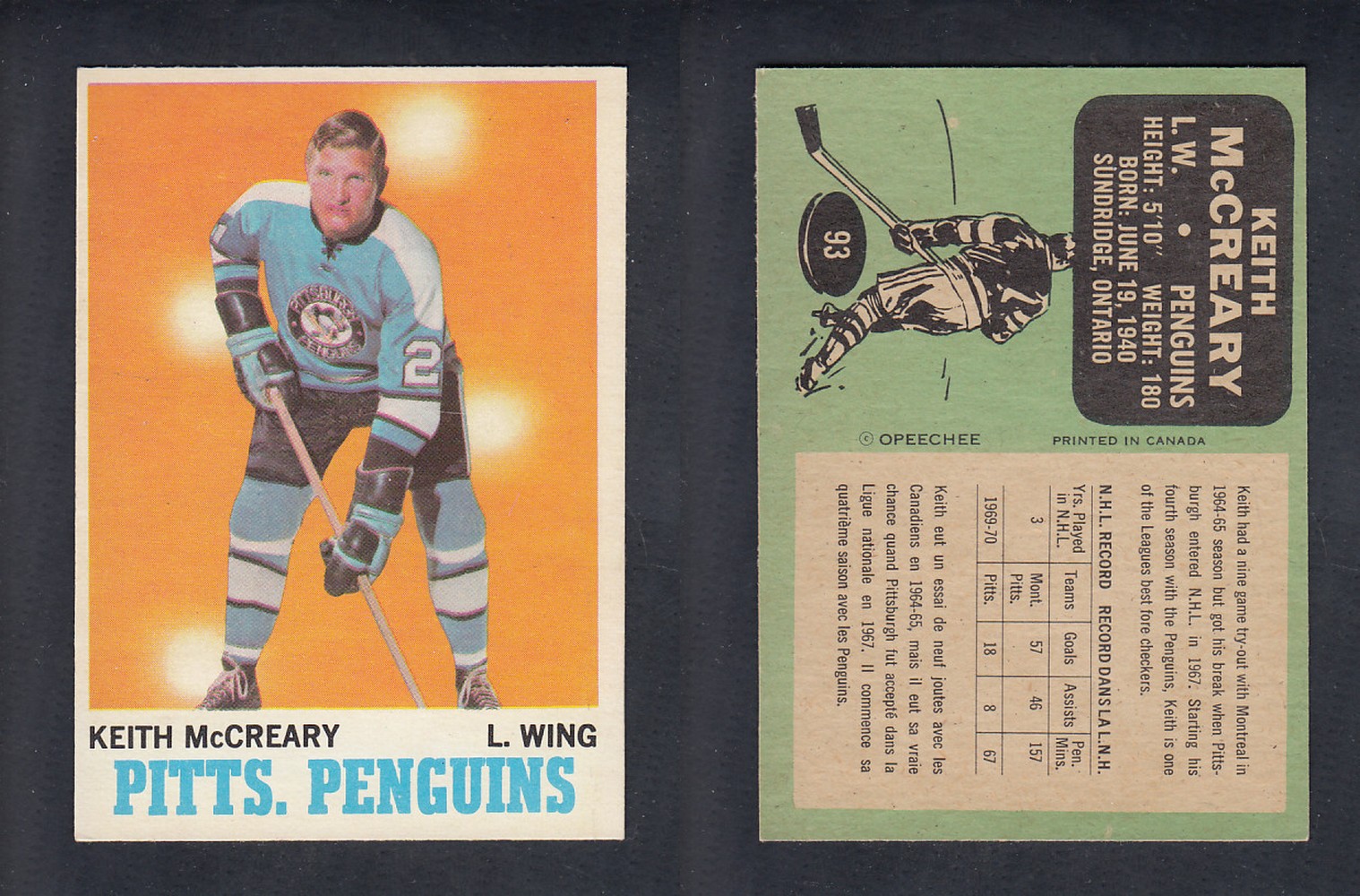 1970-71 O-PEE-CHEE HOCKEY CARD  #93 K. MCCREARY photo