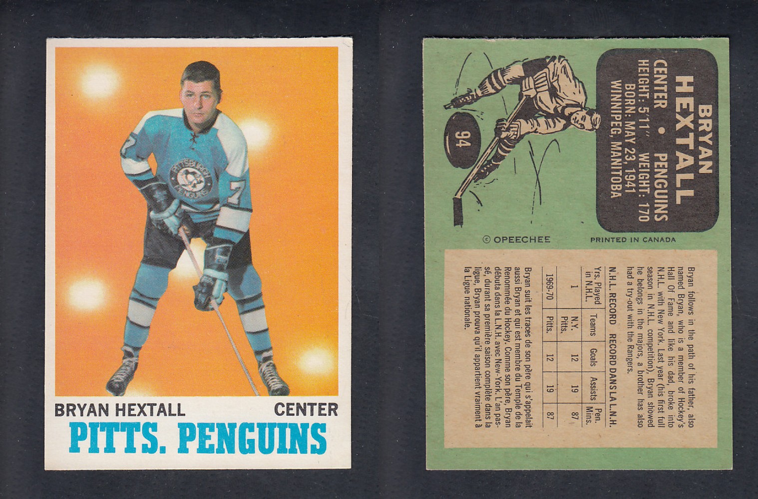 1970-71 O-PEE-CHEE HOCKEY CARD  #94 B.HEXTALL photo