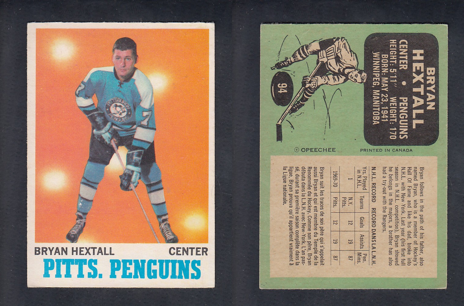 1970-71 O-PEE-CHEE HOCKEY CARD  #94 B.HEXTALL photo