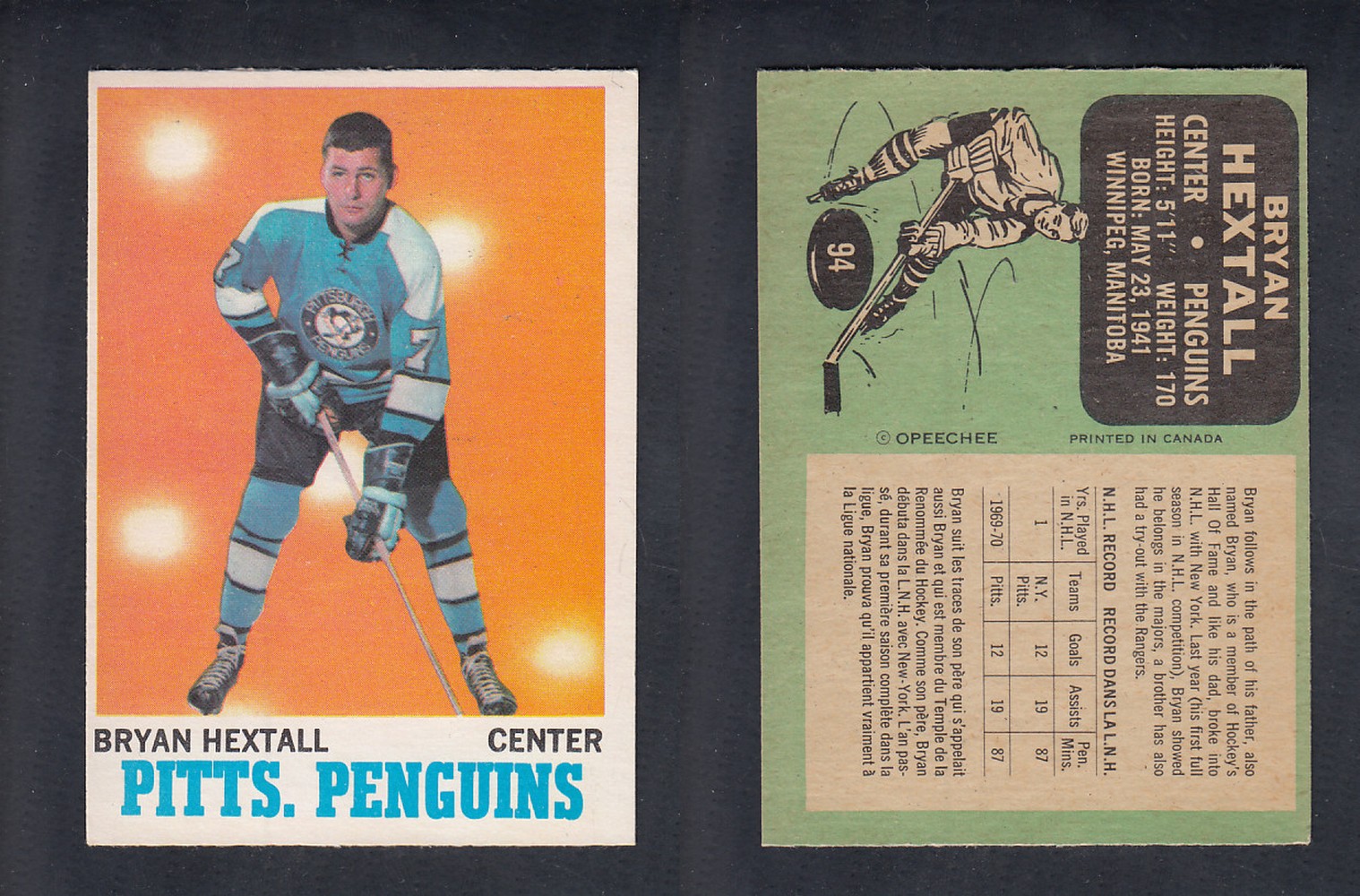 1970-71 O-PEE-CHEE HOCKEY CARD  #94 B.HEXTALL photo