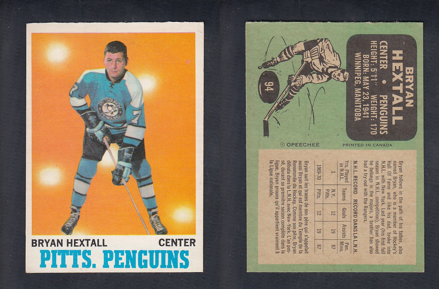 1970-71 O-PEE-CHEE HOCKEY CARD  #94 B.HEXTALL photo