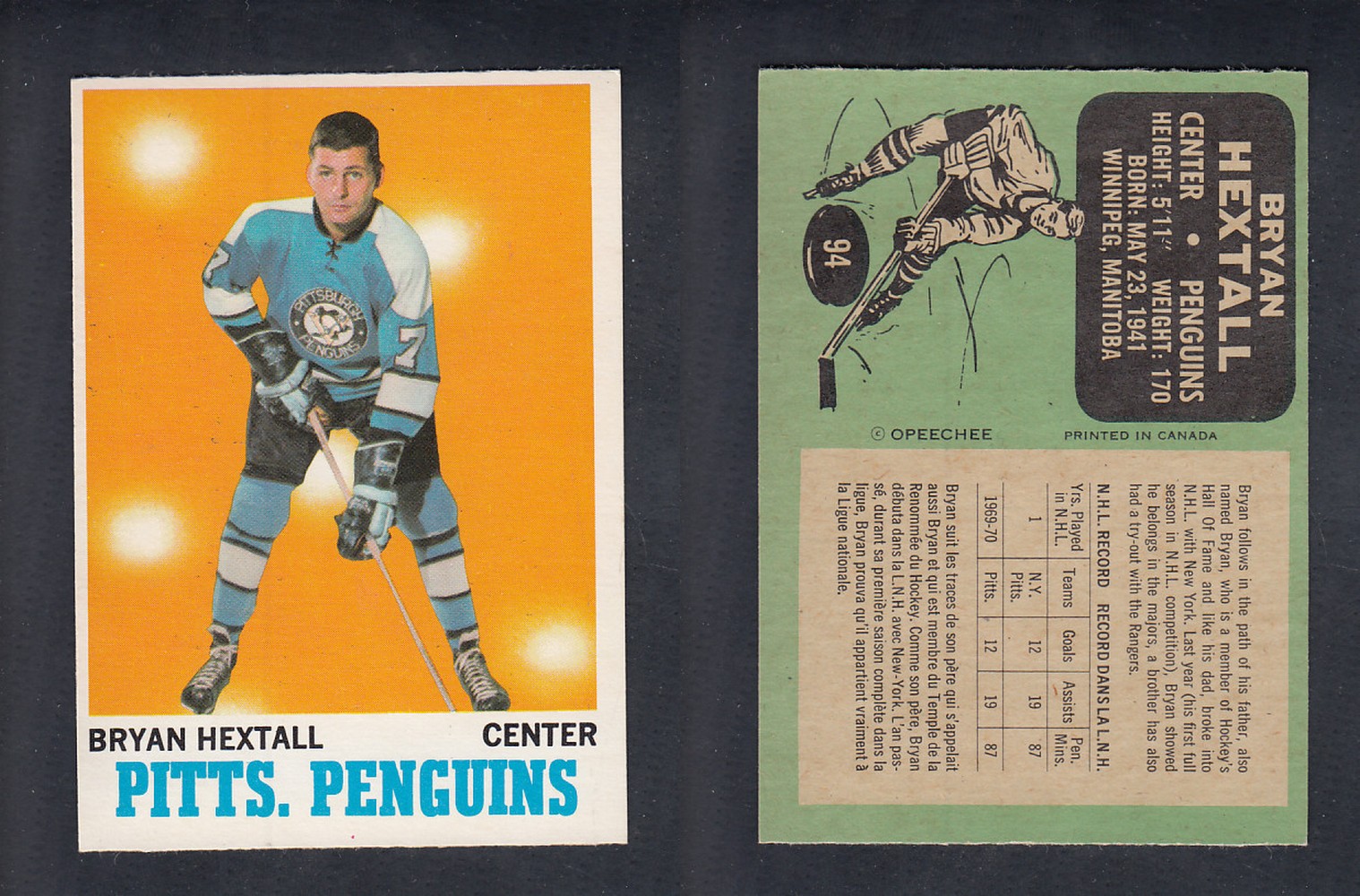 1970-71 O-PEE-CHEE HOCKEY CARD  #94 B.HEXTALL photo