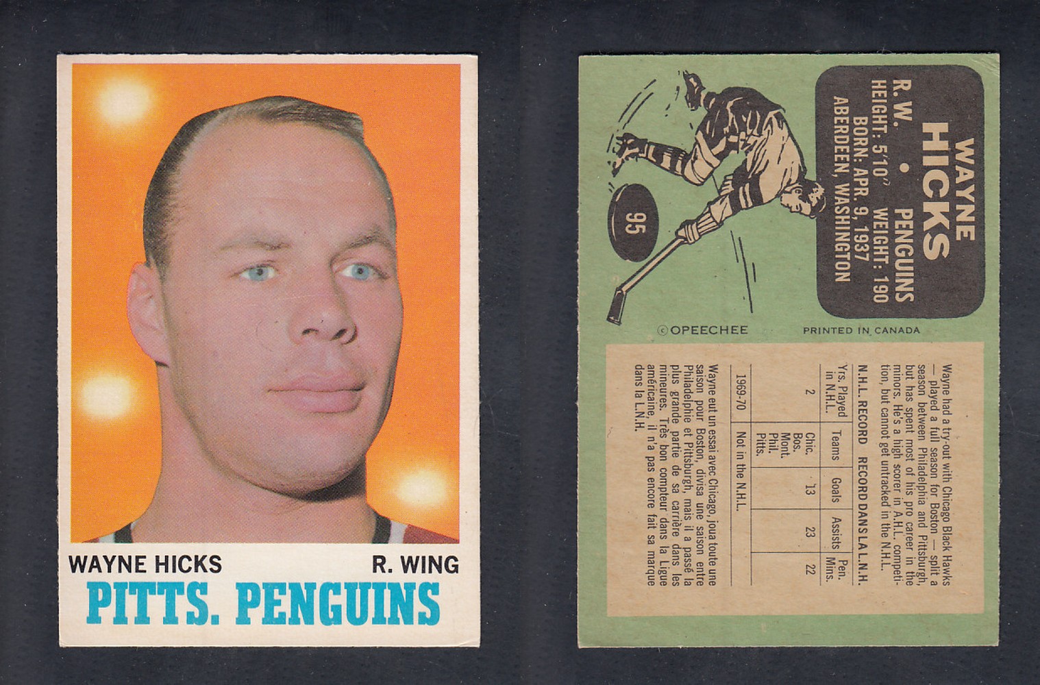 1970-71 O-PEE-CHEE HOCKEY CARD  #95 W. HICKS photo