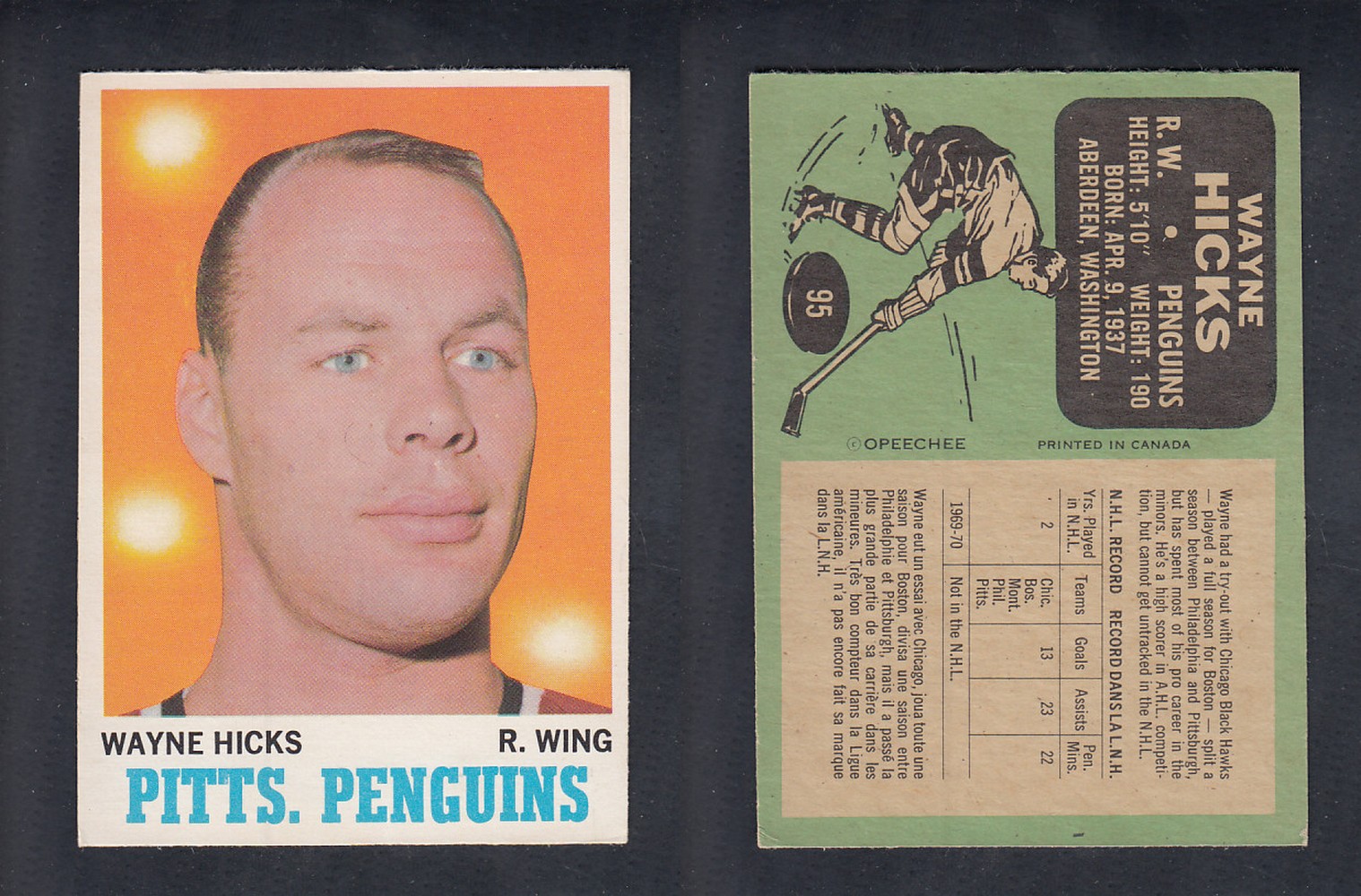 1970-71 O-PEE-CHEE HOCKEY CARD  #95 W. HICKS photo