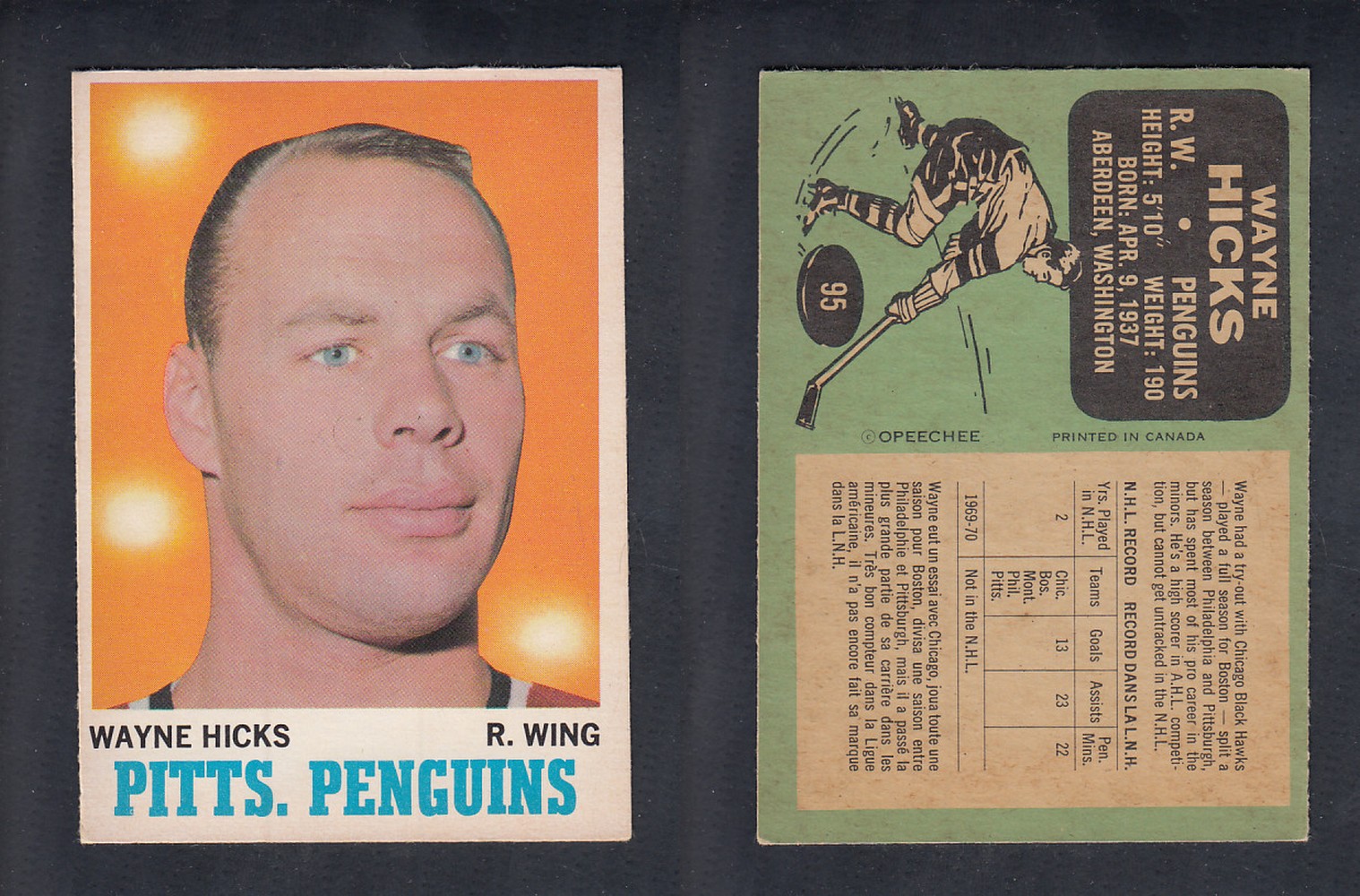 1970-71 O-PEE-CHEE HOCKEY CARD  #95 W. HICKS photo