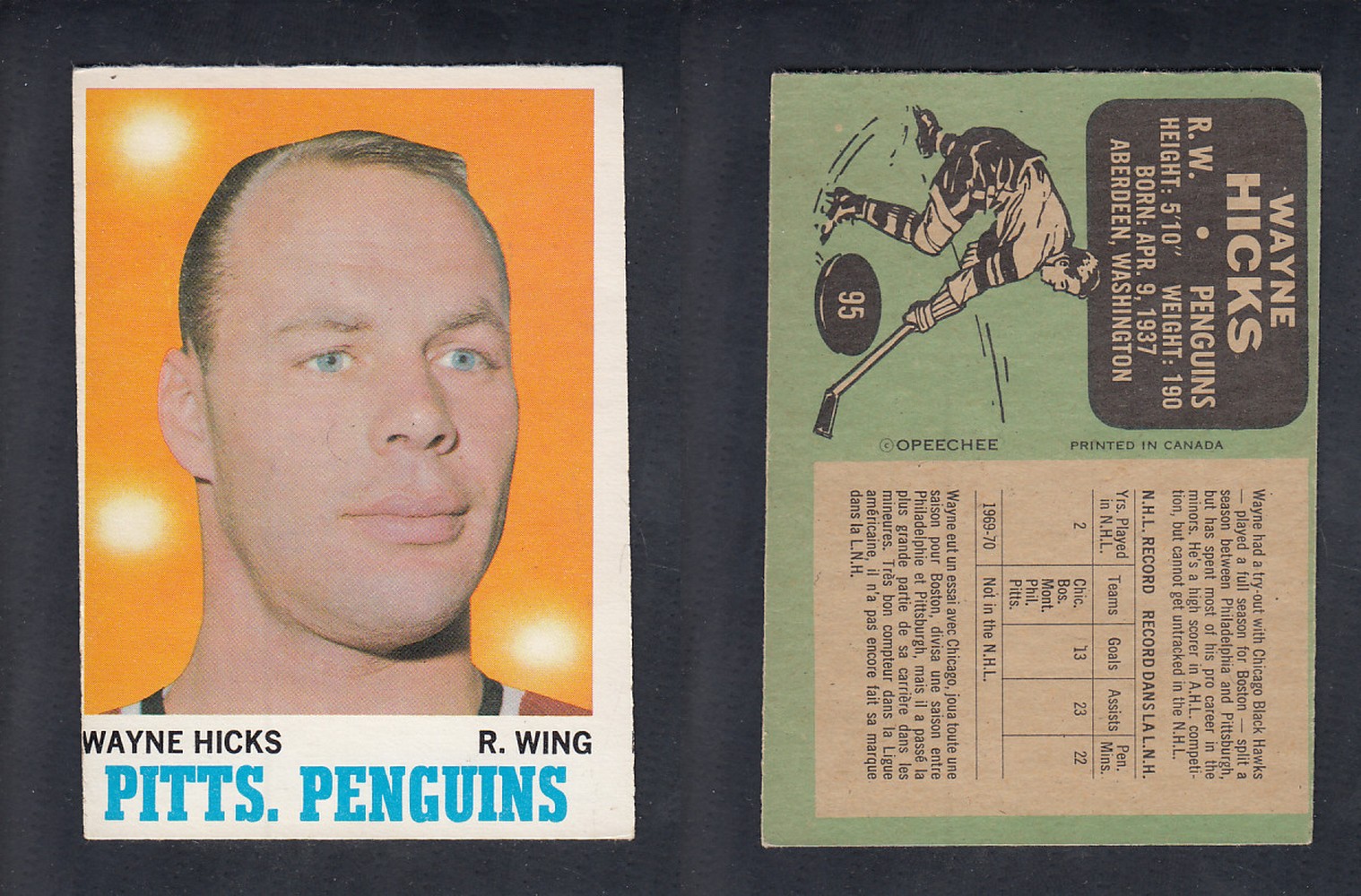 1970-71 O-PEE-CHEE HOCKEY CARD  #95 W. HICKS photo