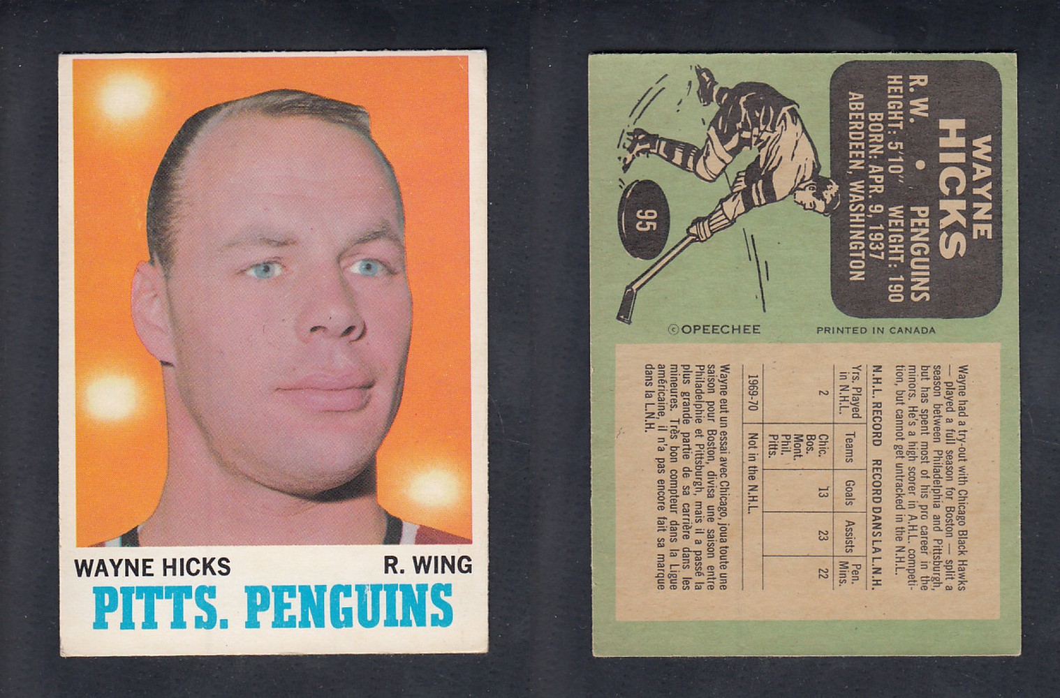 1970-71 O-PEE-CHEE HOCKEY CARD  #95 W. HICKS photo