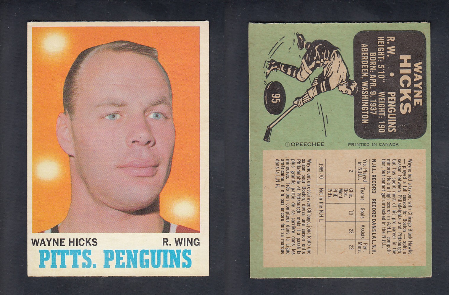 1970-71 O-PEE-CHEE HOCKEY CARD  #95 W. HICKS photo