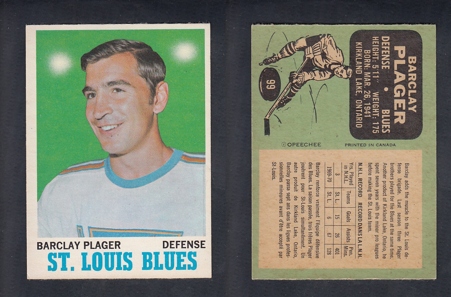 1970-71 O-PEE-CHEE HOCKEY CARD  #99 B. PLAGER photo