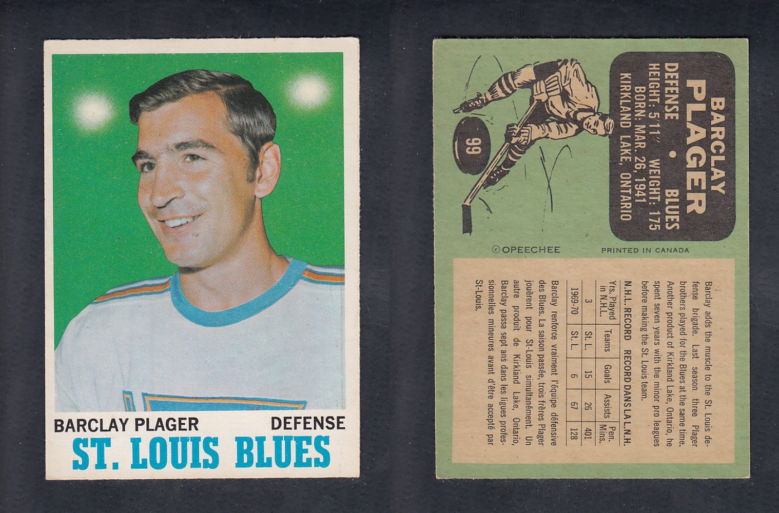 1970-71 O-PEE-CHEE HOCKEY CARD  #99 B. PLAGER photo