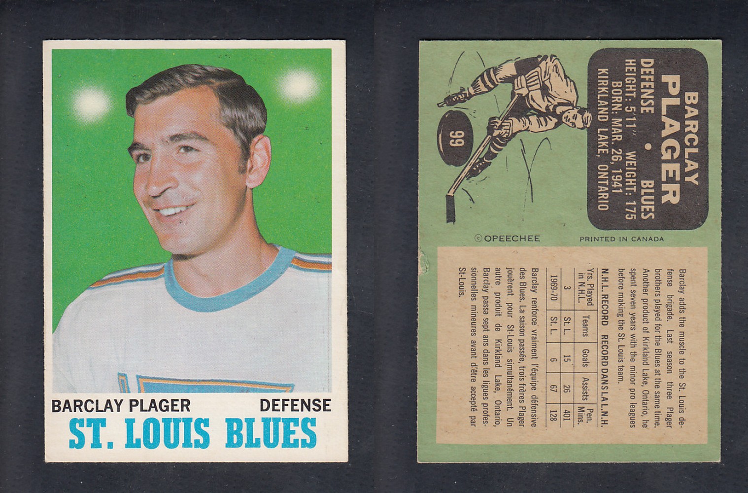 1970-71 O-PEE-CHEE HOCKEY CARD  #99 B. PLAGER photo