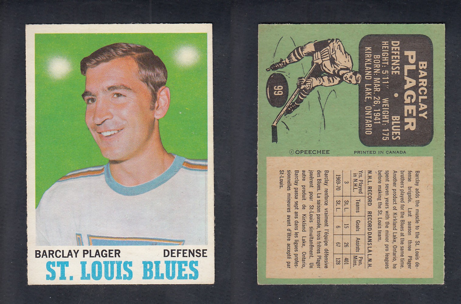 1970-71 O-PEE-CHEE HOCKEY CARD  #99 B. PLAGER photo