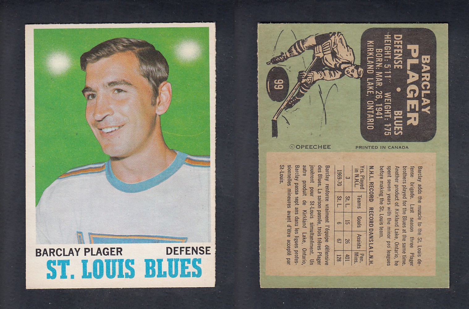 1970-71 O-PEE-CHEE HOCKEY CARD  #99 B. PLAGER photo