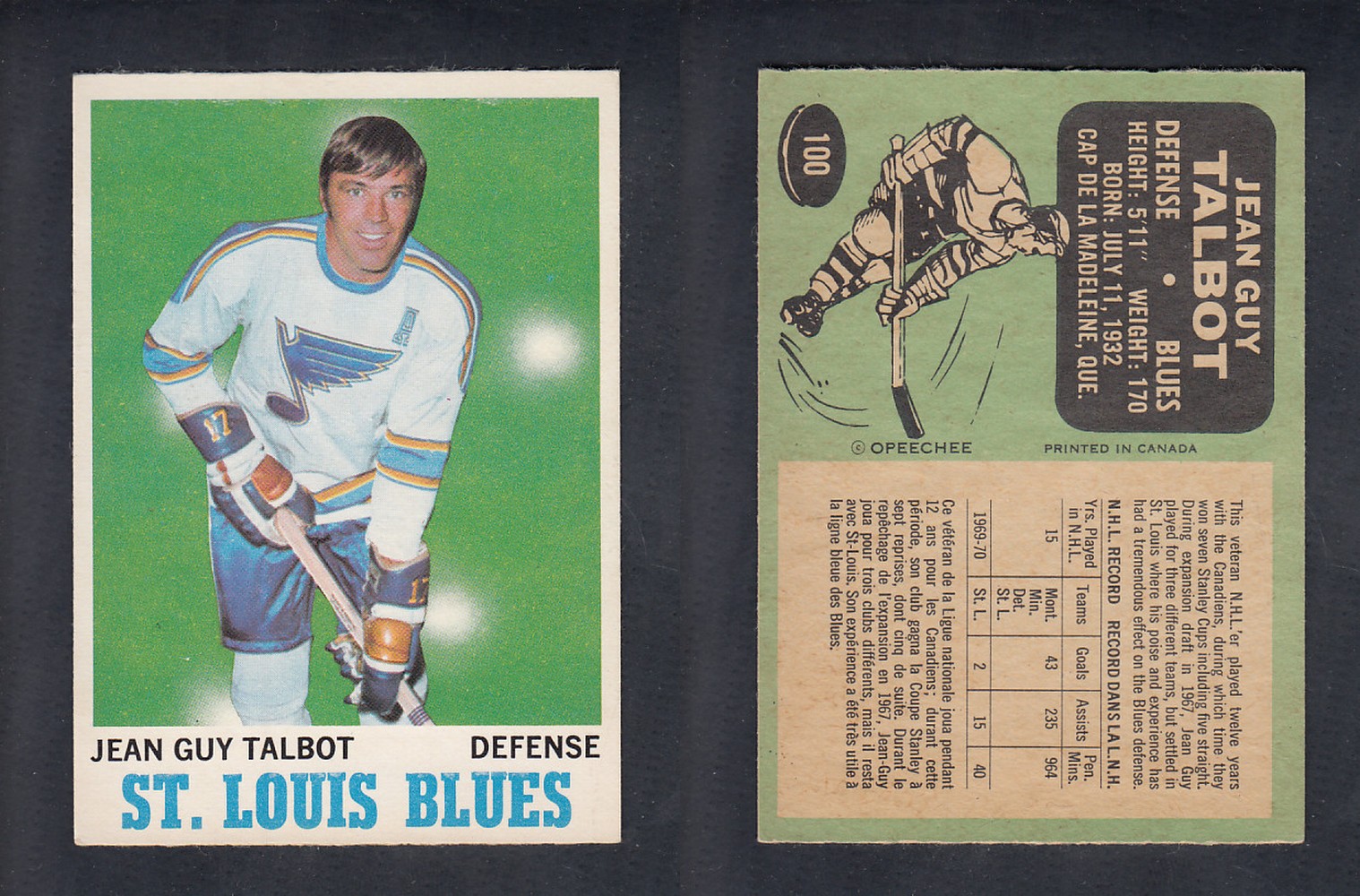 1970-71 O-PEE-CHEE HOCKEY CARD  #100 J.G. TALBOT photo