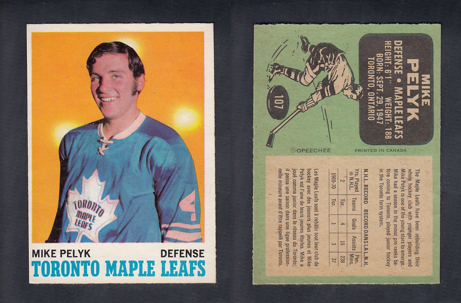 1970-71 O-PEE-CHEE HOCKEY CARD  #107  M. PELYK photo