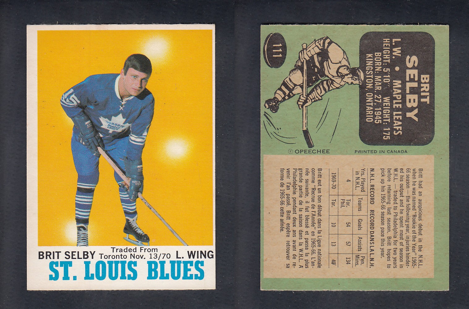 1970-71 O-PEE-CHEE HOCKEY CARD  #111  B. SELBY photo