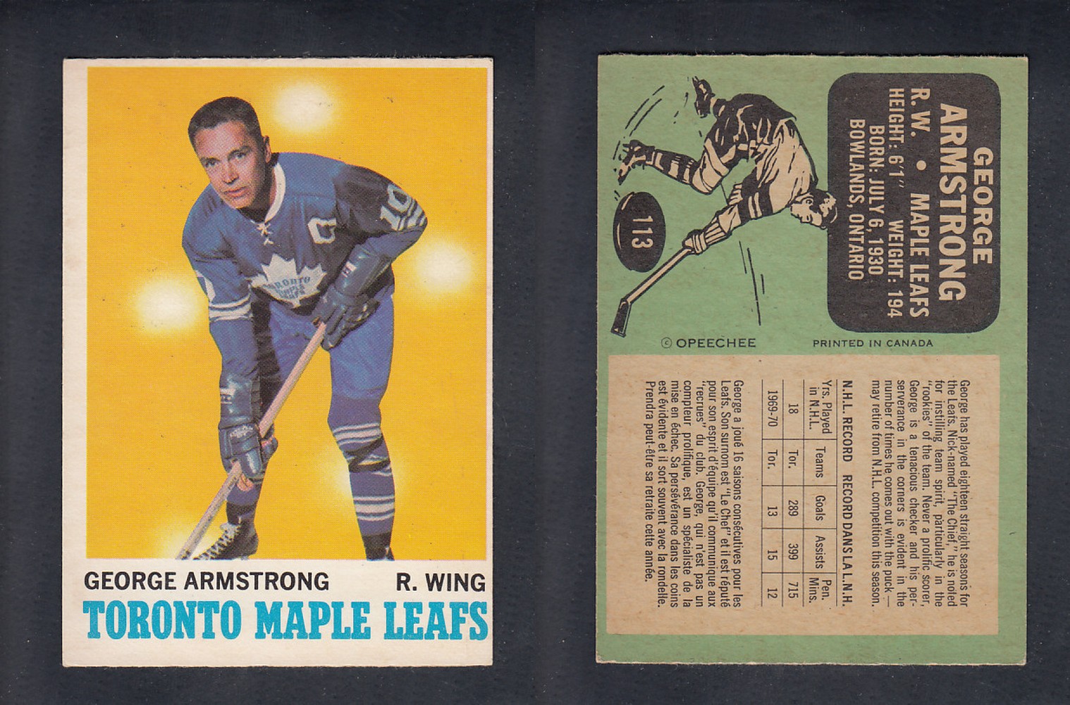 1970-71 O-PEE-CHEE HOCKEY CARD  #113  G. AMRSTONG photo