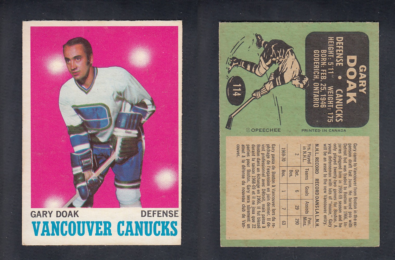 1970-71 O-PEE-CHEE HOCKEY CARD  #114  G. DOAK photo