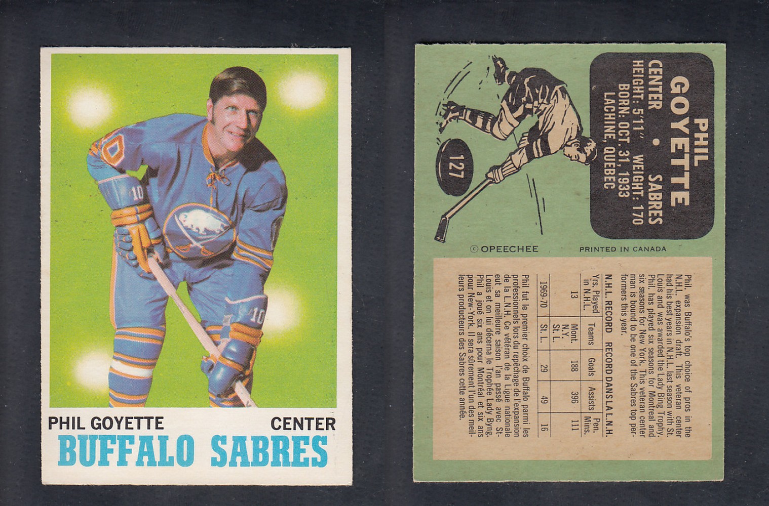 1970-71 O-PEE-CHEE HOCKEY CARD  #127  P. GOYETTE photo