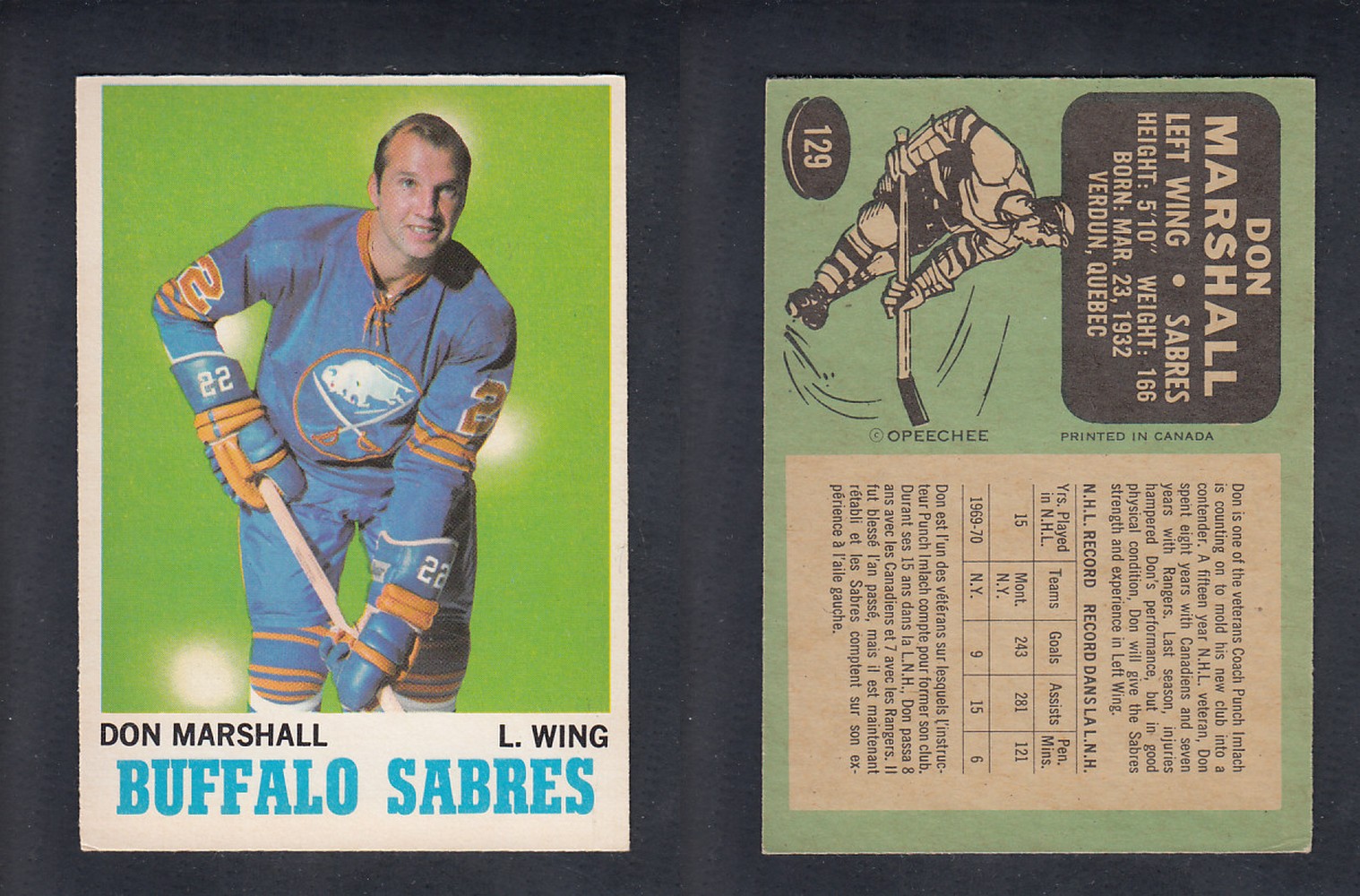 1970-71 O-PEE-CHEE HOCKEY CARD  #129 D. MARSHALL photo