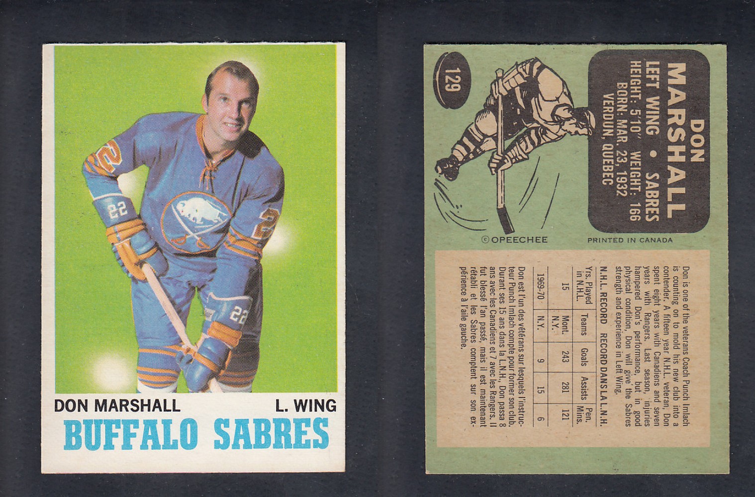 1970-71 O-PEE-CHEE HOCKEY CARD  #129 D. MARSHALL photo