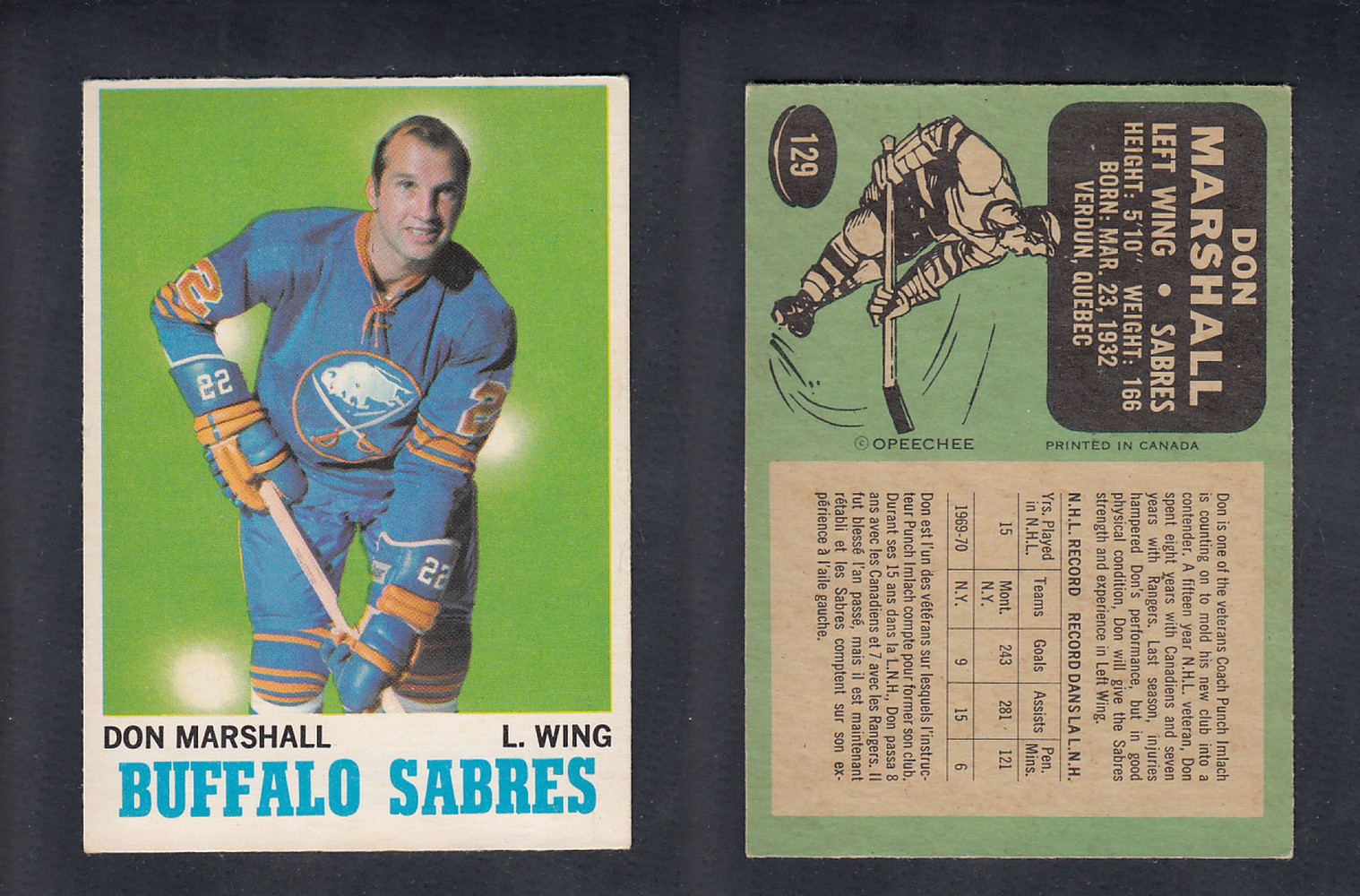 1970-71 O-PEE-CHEE HOCKEY CARD  #129 D. MARSHALL photo