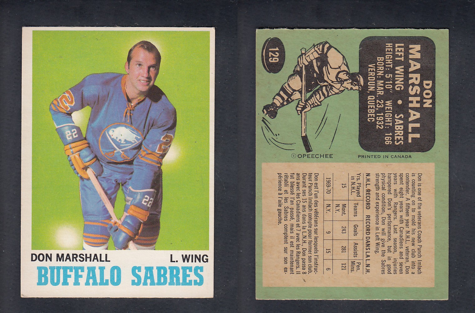 1970-71 O-PEE-CHEE HOCKEY CARD  #129 D. MARSHALL photo