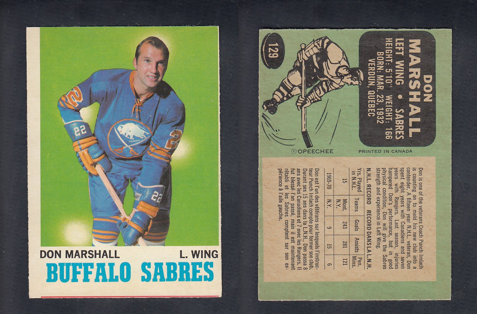 1970-71 O-PEE-CHEE HOCKEY CARD  #129 D. MARSHALL photo