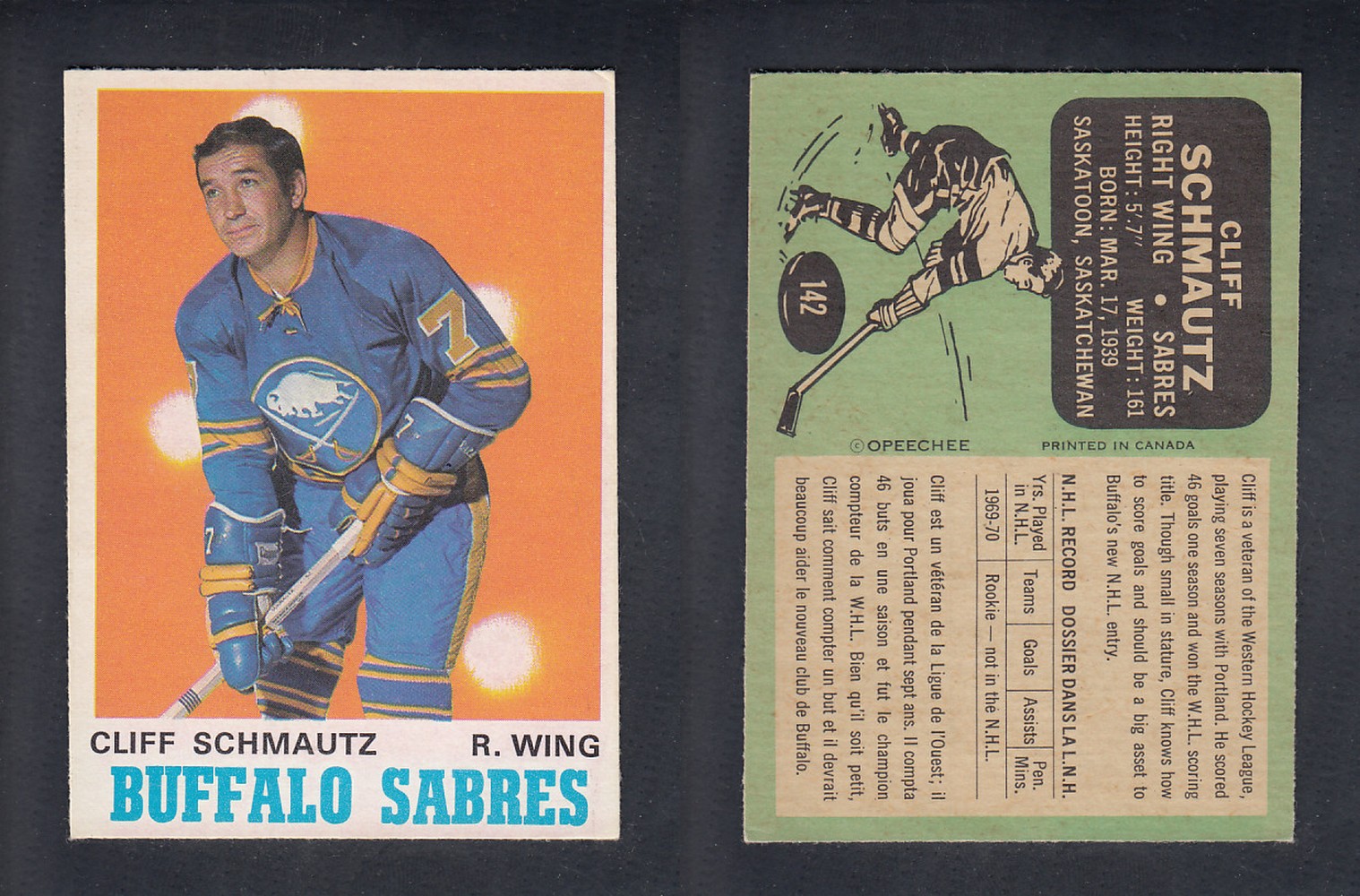 1970-71 O-PEE-CHEE HOCKEY CARD  #142  C. SCHMAUTZ photo