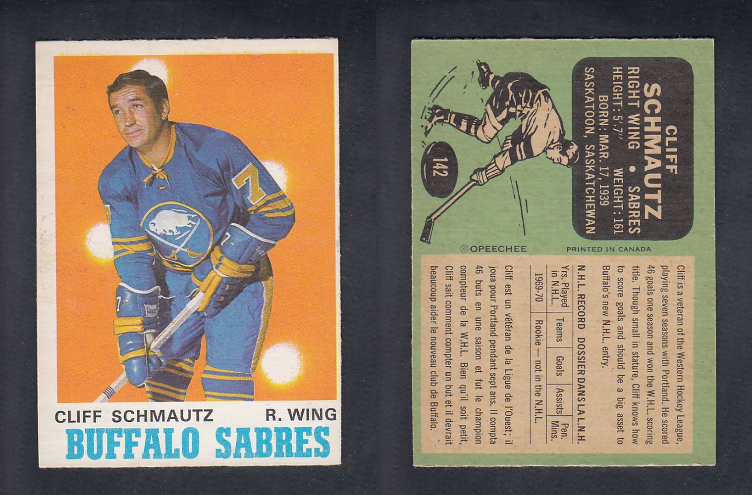 1970-71 O-PEE-CHEE HOCKEY CARD  #142  C. SCHMAUTZ photo