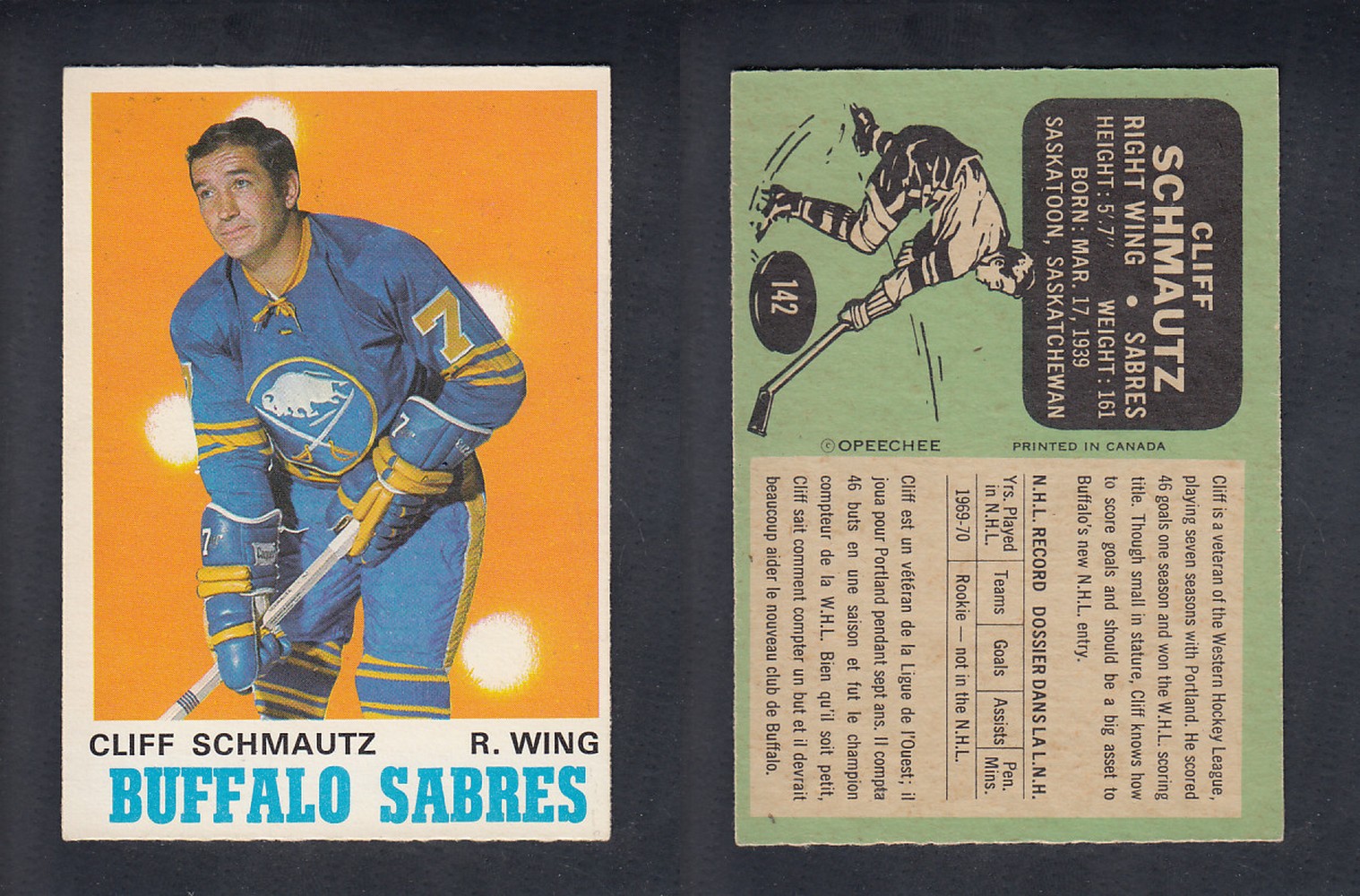 1970-71 O-PEE-CHEE HOCKEY CARD  #142  C. SCHMAUTZ photo