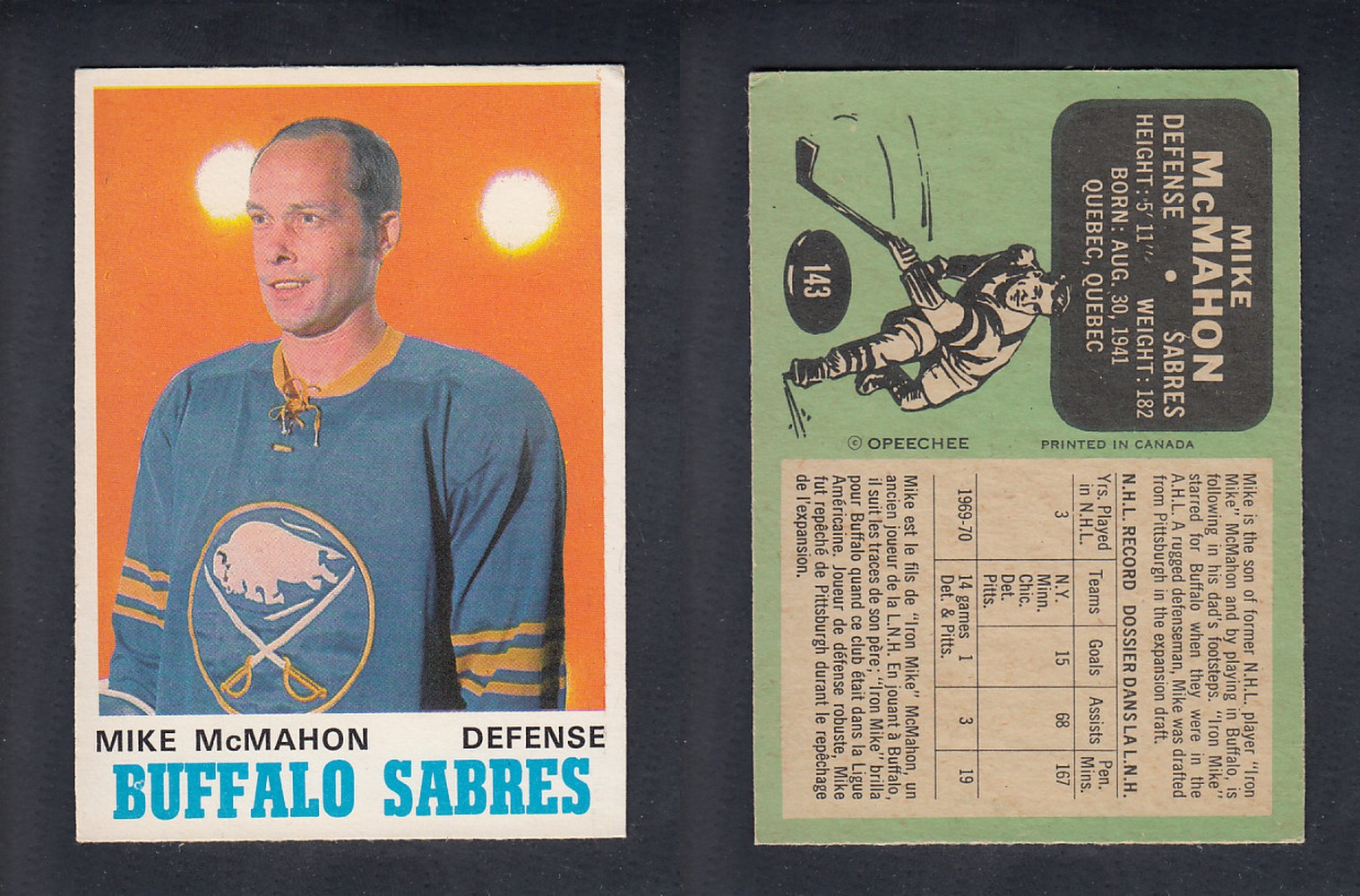 1970-71 O-PEE-CHEE HOCKEY CARD  #143  M. McMAHON photo