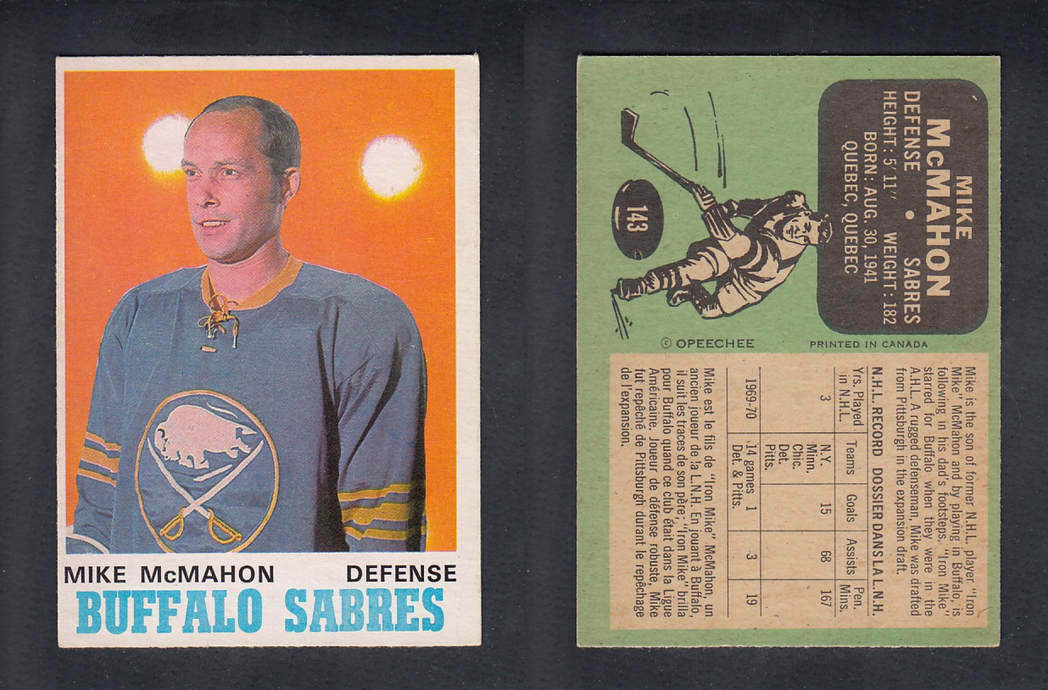 1970-71 O-PEE-CHEE HOCKEY CARD  #143 M. McMAHON photo