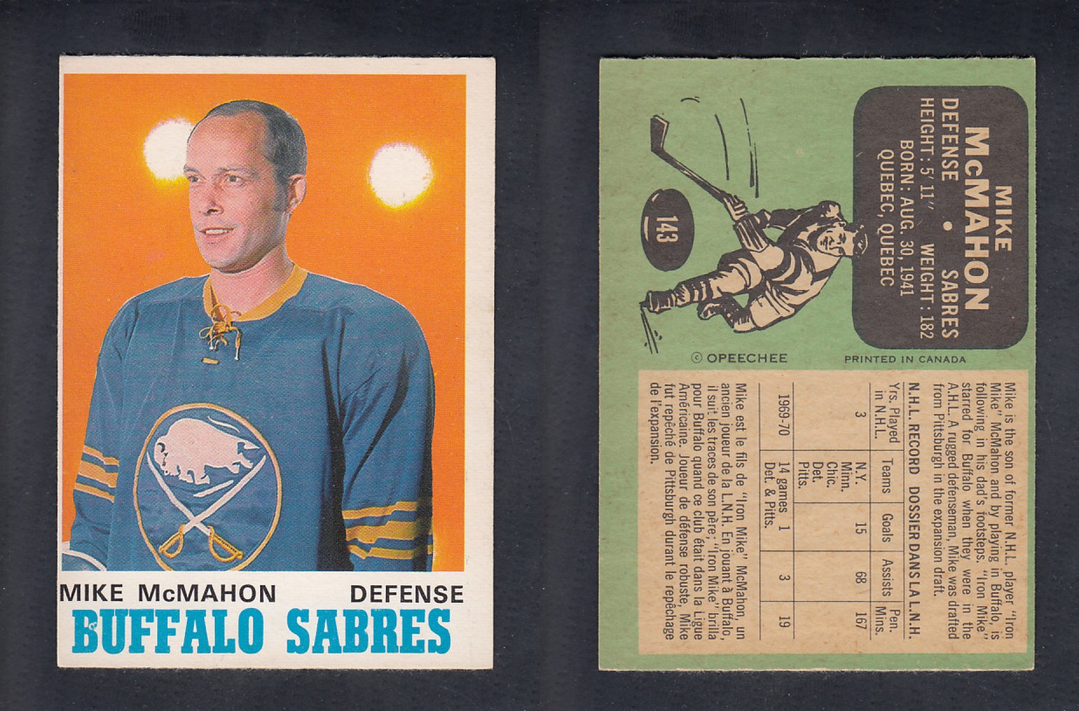 1970-71 O-PEE-CHEE HOCKEY CARD  #143  M. McMAHON photo