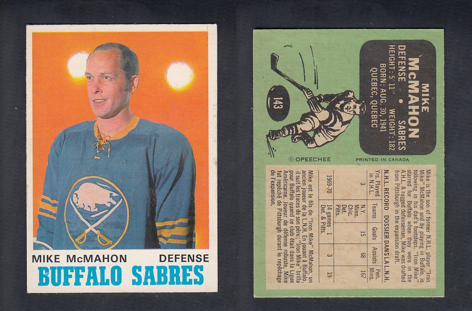 1970-71 O-PEE-CHEE HOCKEY CARD  #143   M. McMAHON photo