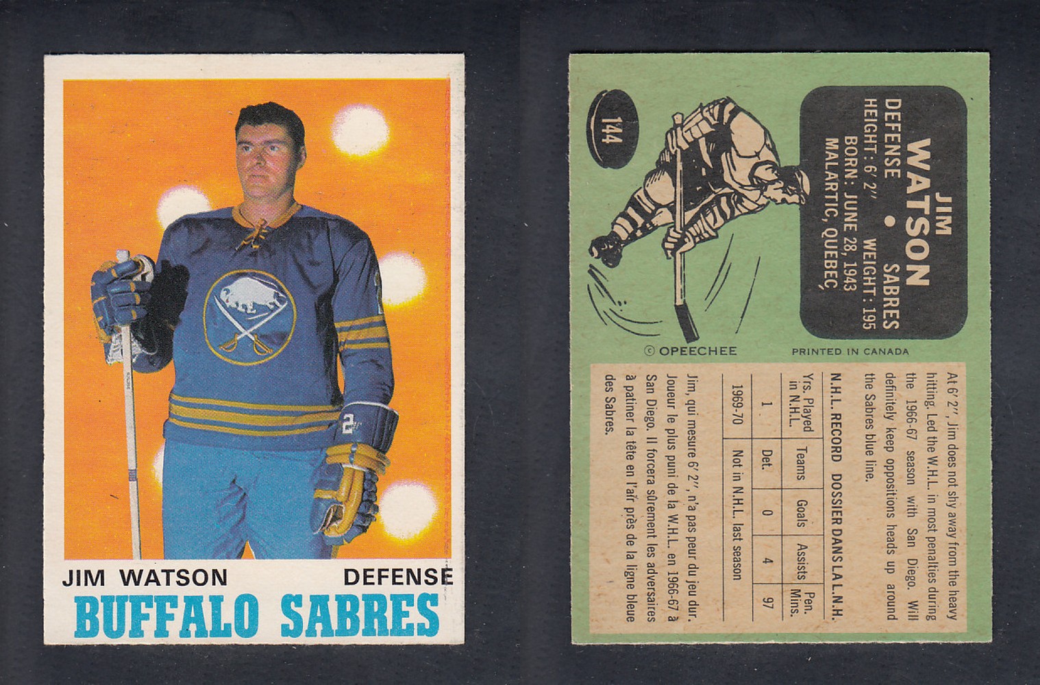 1970-71 O-PEE-CHEE HOCKEY CARD  #144 J. WATSON photo