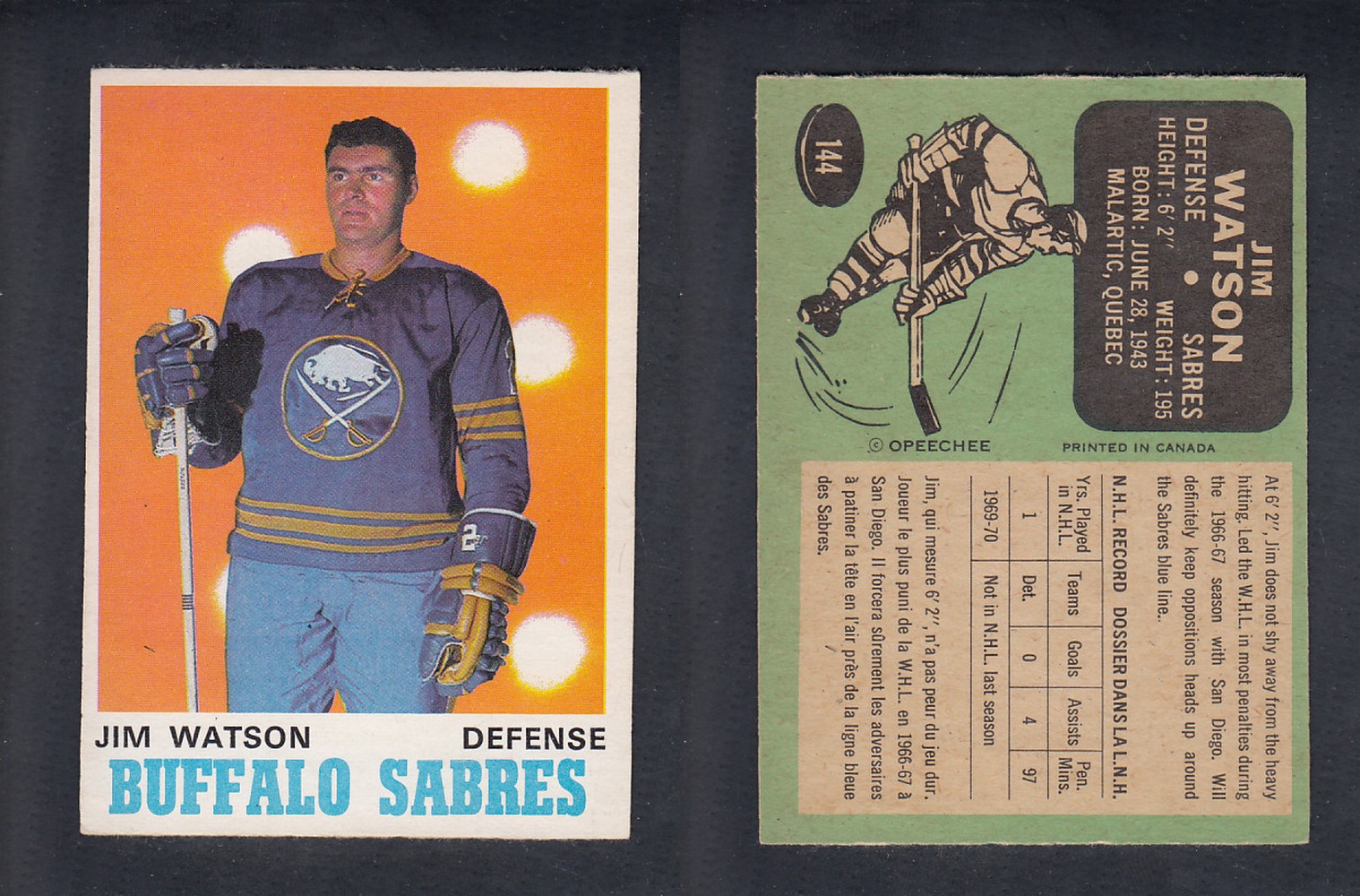 1970-71 O-PEE-CHEE HOCKEY CARD  #144 J. WATSON photo