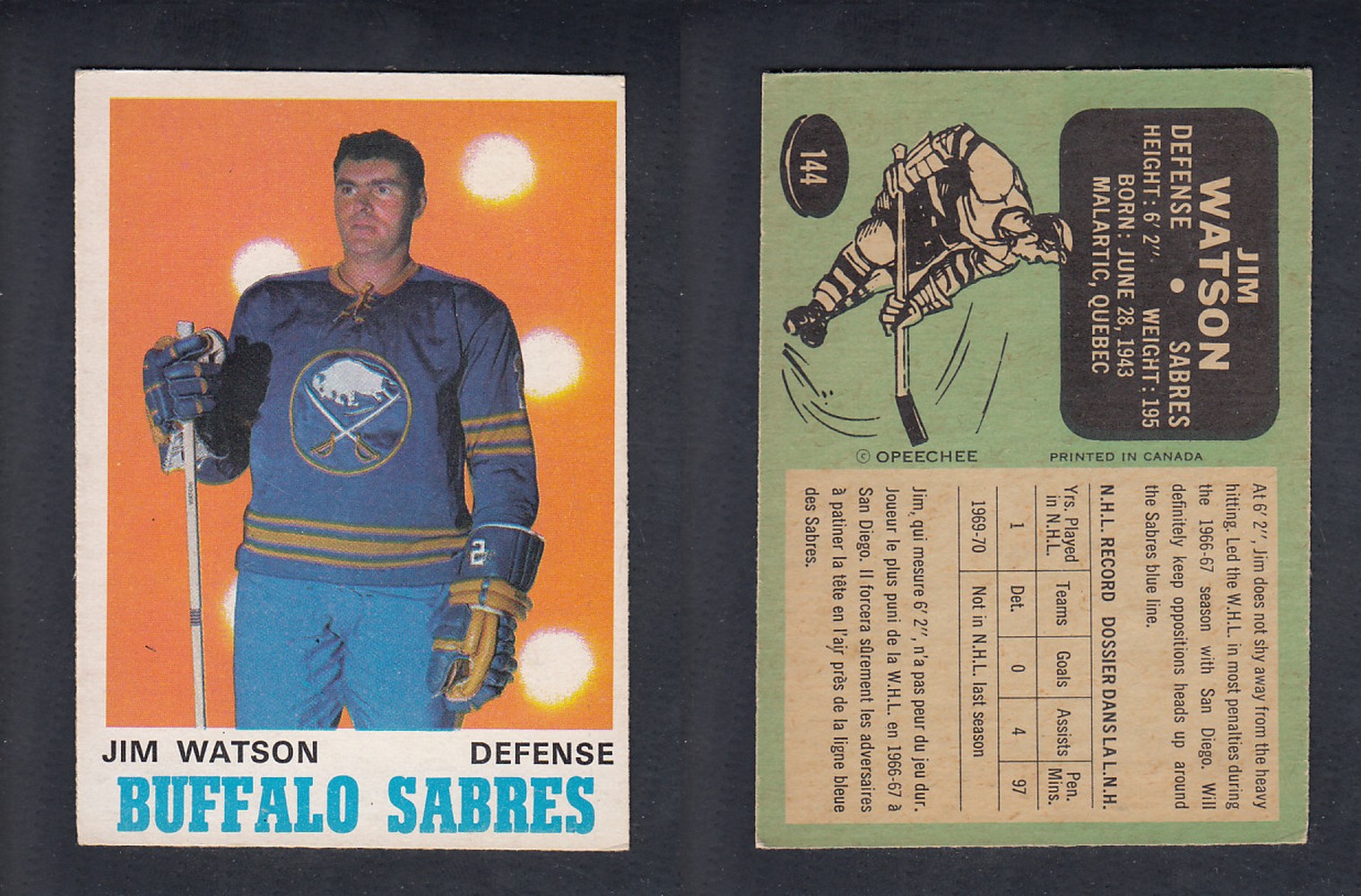 1970-71 O-PEE-CHEE HOCKEY CARD  #144  J. WATSON photo