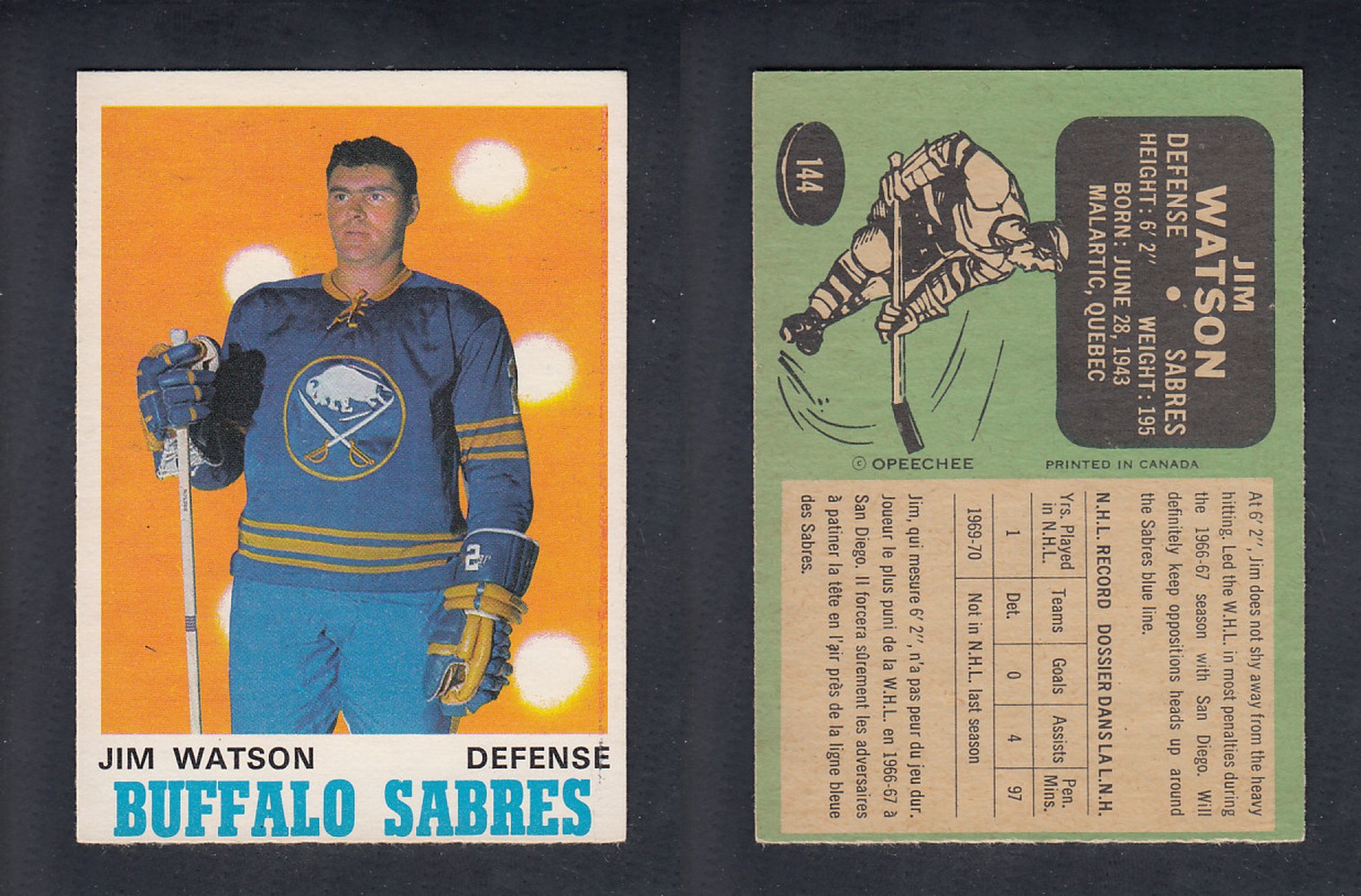 1970-71 O-PEE-CHEE HOCKEY CARD  #144 J. WATSON photo