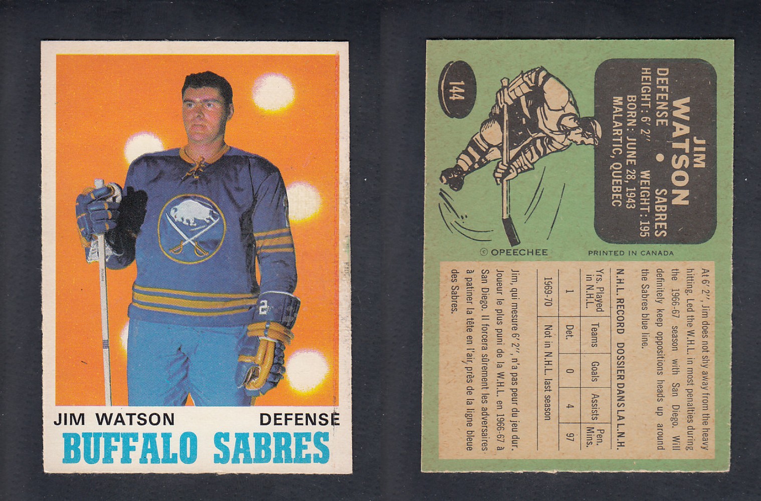 1970-71 O-PEE-CHEE HOCKEY CARD  #144 J. WATSON photo