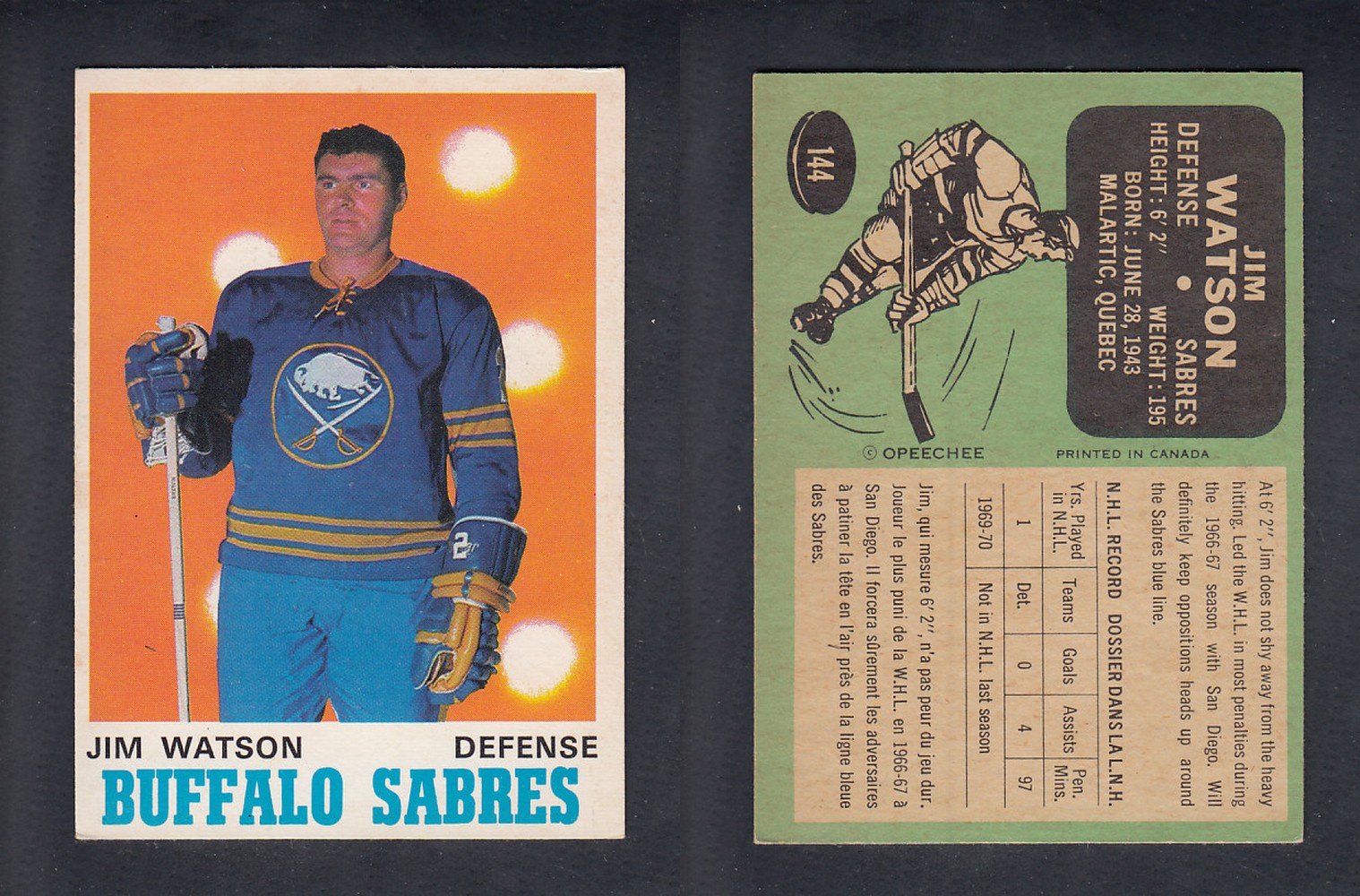 1970-71 O-PEE-CHEE HOCKEY CARD  #144  J. WATSON photo