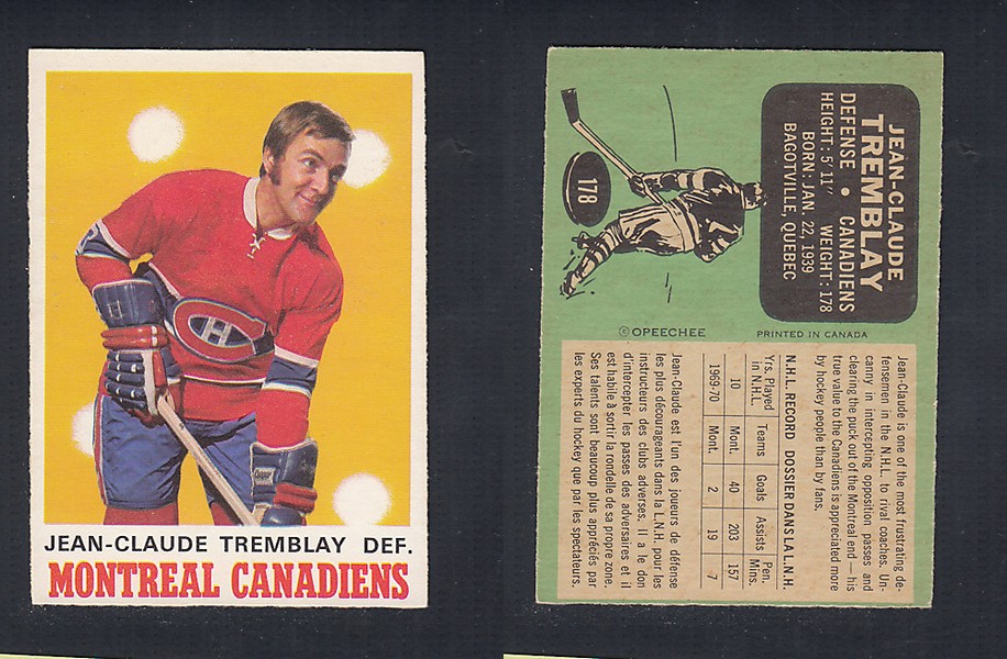 1970-71 O-PEE-CHEE HOCKEY CARD  #178 J.C. TREMBLAY photo