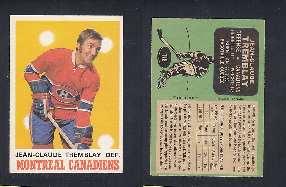 1970-71 O-PEE-CHEE HOCKEY CARD  #178 J.C. TREMBLAY photo