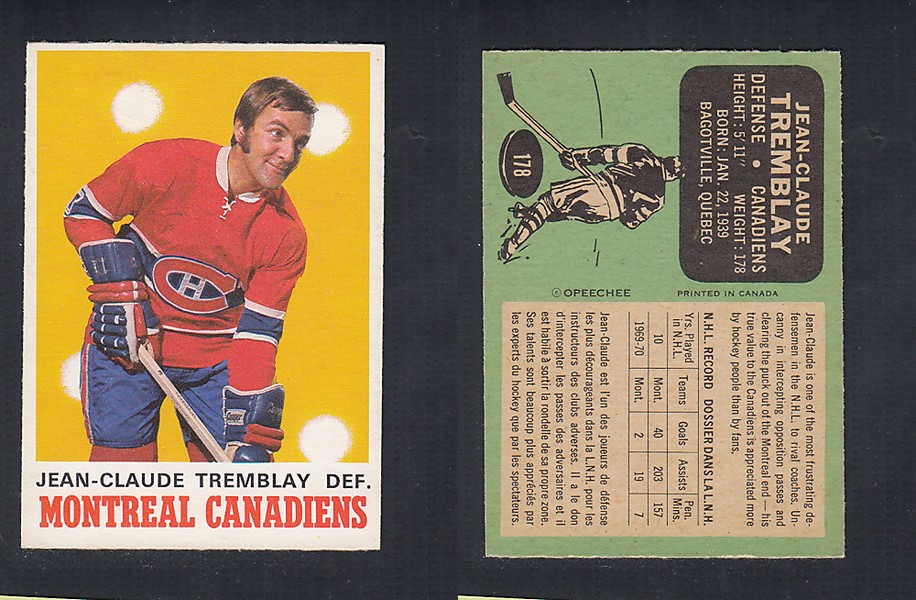 1970-71 O-PEE-CHEE HOCKEY CARD  #178 J.C. TREMBLAY photo