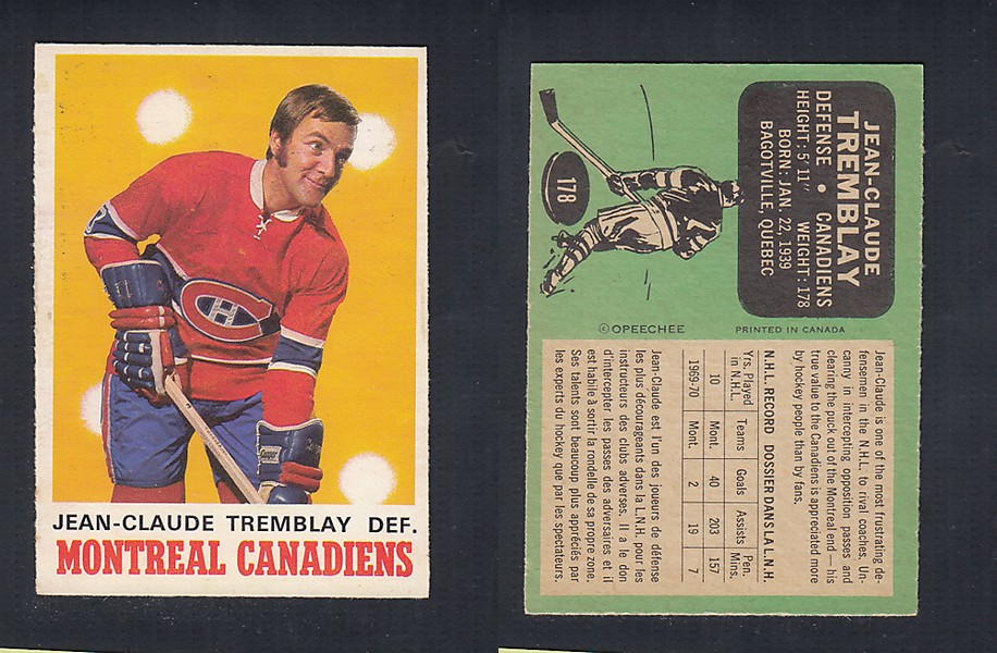 1970-71 O-PEE-CHEE HOCKEY CARD  #178 J.C. TREMBLAY photo