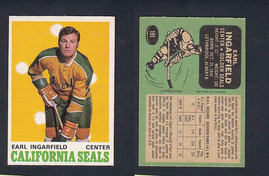 1970-71 O-PEE-CHEE HOCKEY CARD  #191 E. INGARFIELD photo