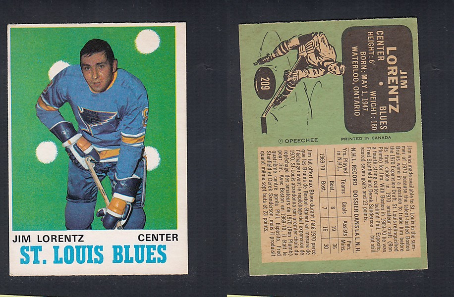 1970-71 O-PEE-CHEE HOCKEY CARD  #209 J. LORENTZ photo