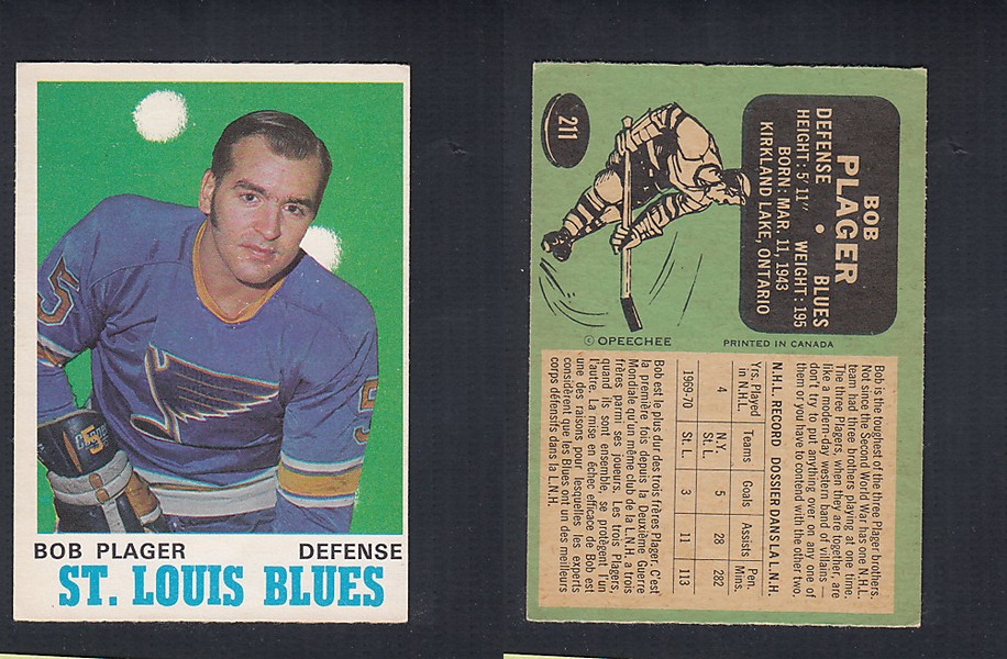 1970-71 O-PEE-CHEE HOCKEY CARD  #211 B. PLAGER photo